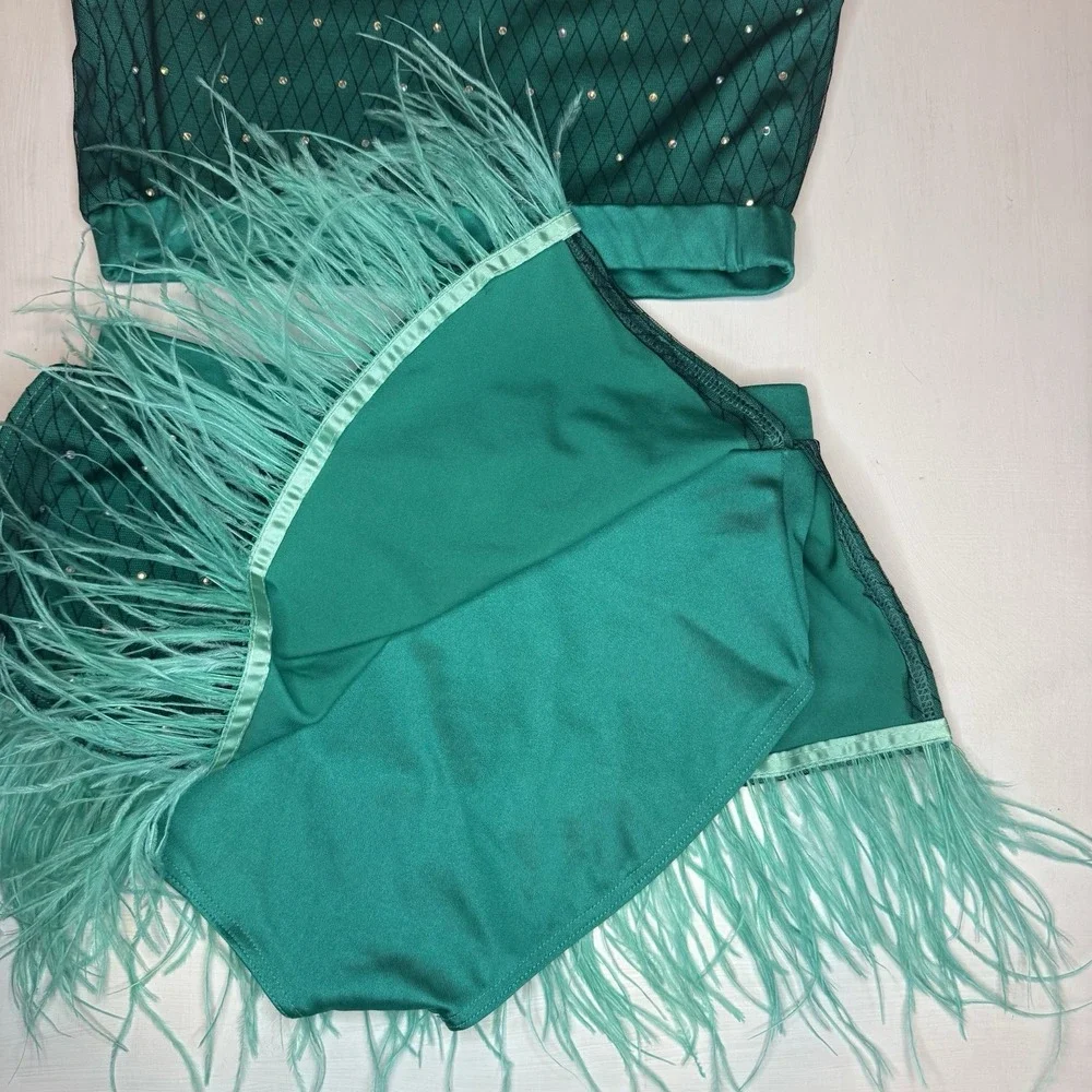 Weissman Elite Dance Costume SA Rhinestones & Ostrich Feathers Teal Bow 2pc Set